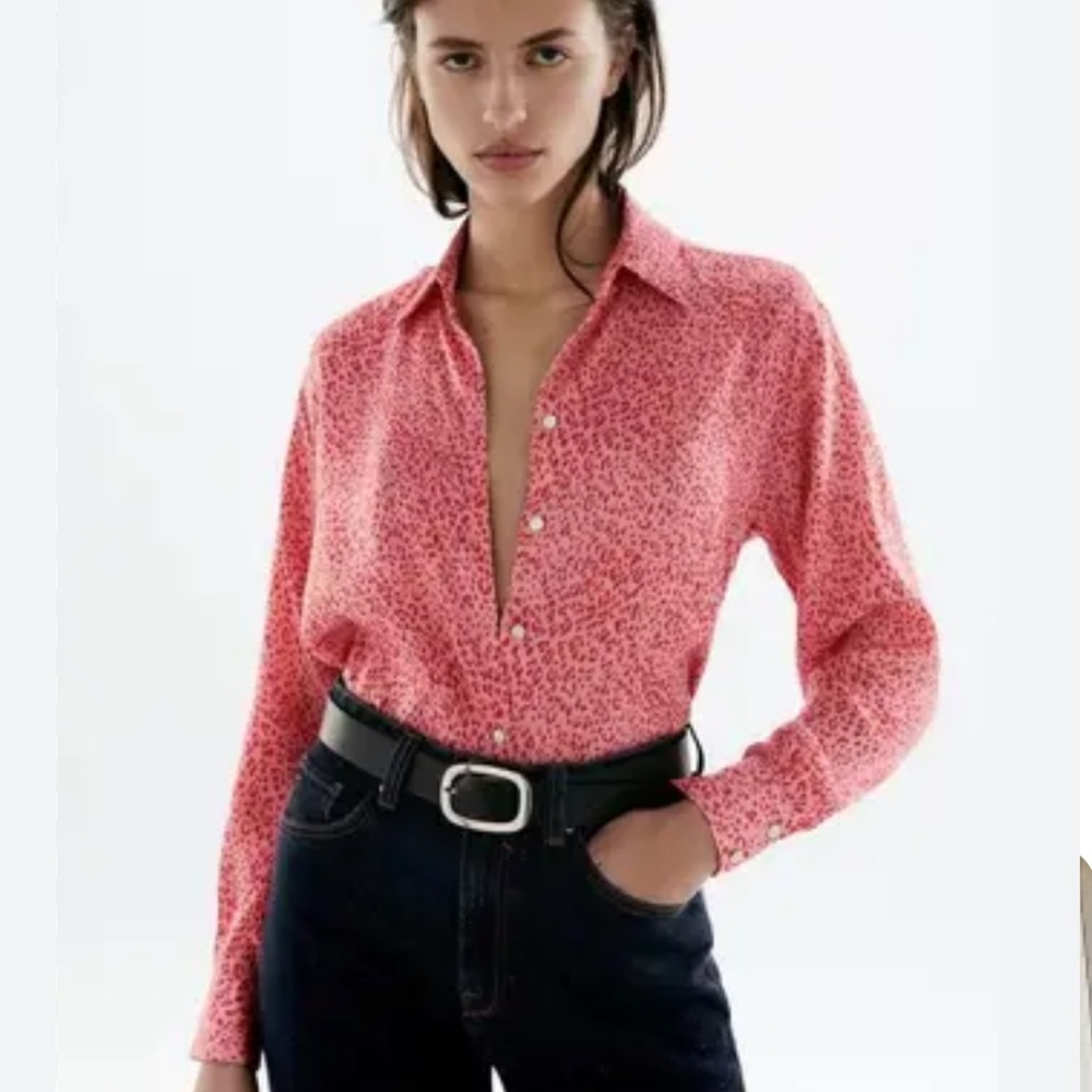 Zara Pink and Red Leopard/Cheetah Button Down Top